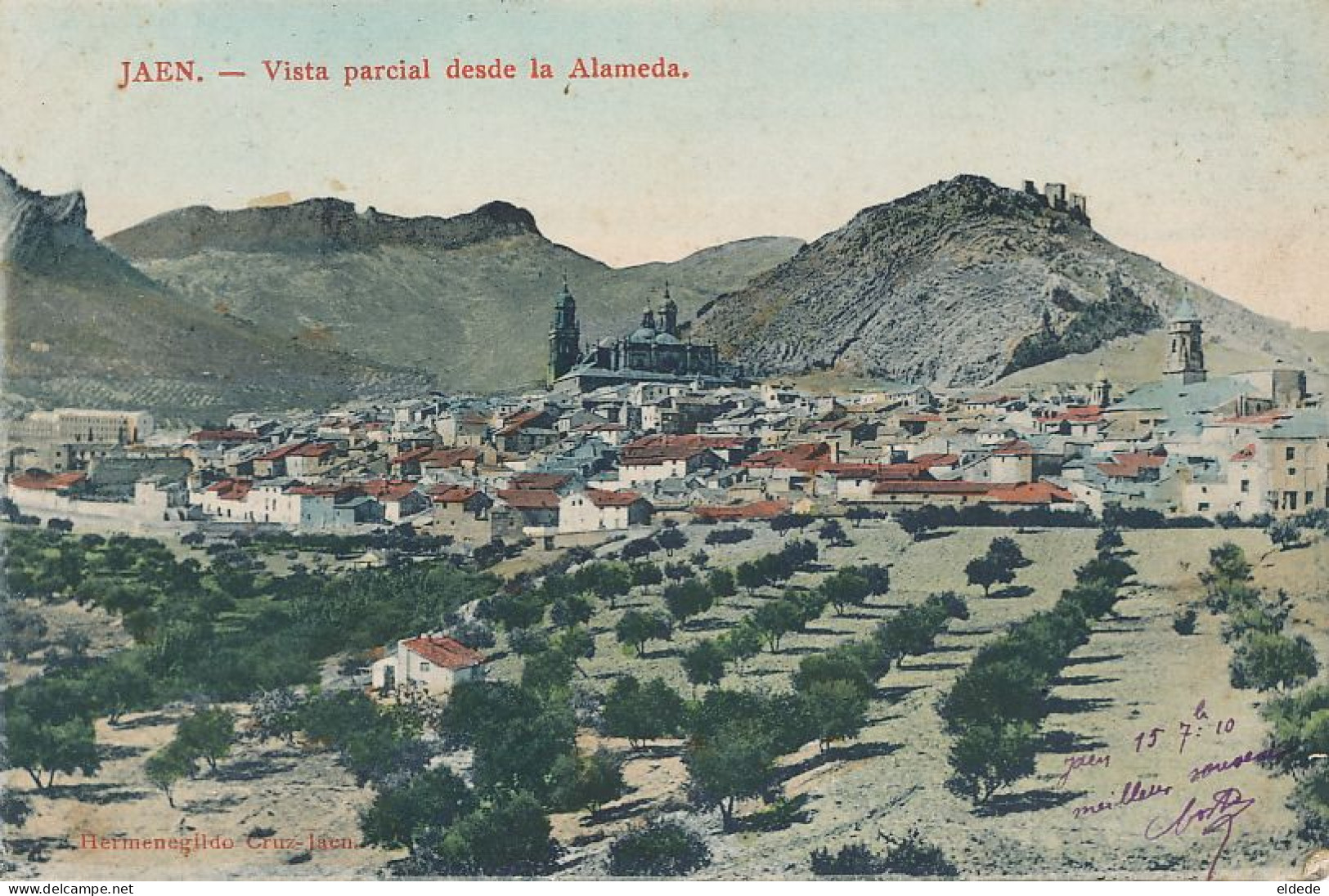 Jaen Vista Parcial Desde La Alameda Colorada A Mano  Hermenegildo Cruz 1910 To Saincaize Nièvre E.J.G. Paris Irun - Jaén