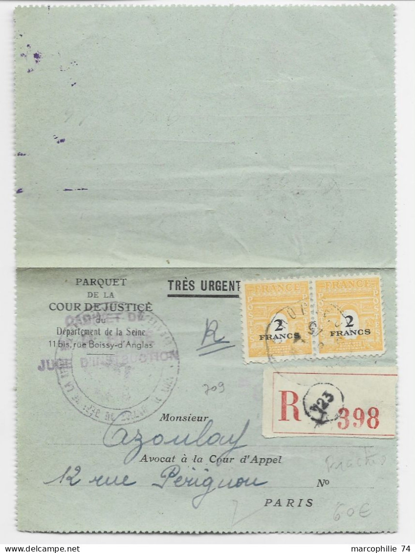 FRANCE ARC TRIOMPHE 2F PAIRE LETTRE COVER REC FRANCHISE PARIS 123 5.4.1945 AU TARIF RARE - 1944-45 Arco Di Trionfo