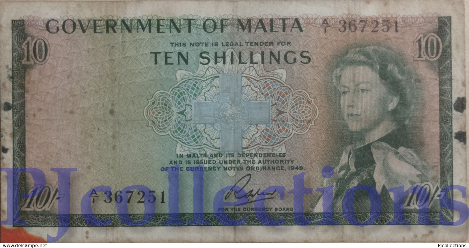 MALTA 10 SHILLINGS 1949 PICK 25a F/VF PREFIX "A/1" - Malta