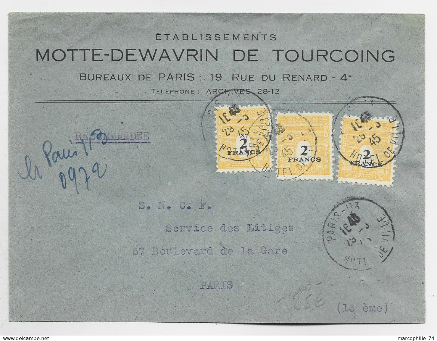 FRANCE ARC TRIOMPHE 2FRX3  LETTRE REC PROVISOIRE PARIS 113 29.3.1945  AU TARIF - 1944-45 Triomfboog