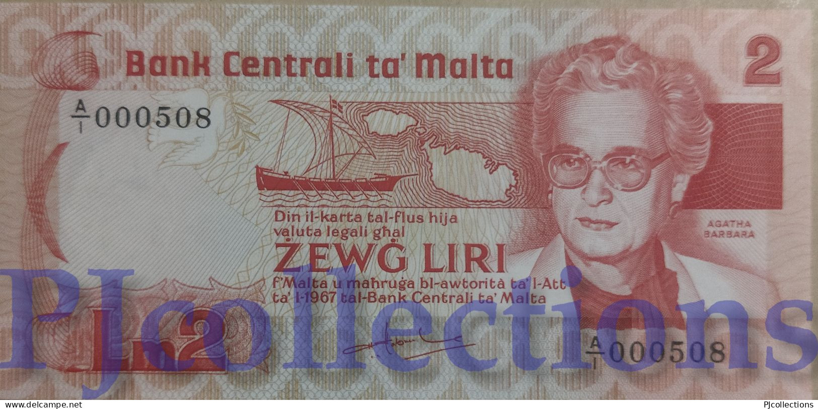 MALTA 2 LIRI 1986 PICK 37 AUNC LOW SERIAL NUMBER "A/1 000508" - Malta