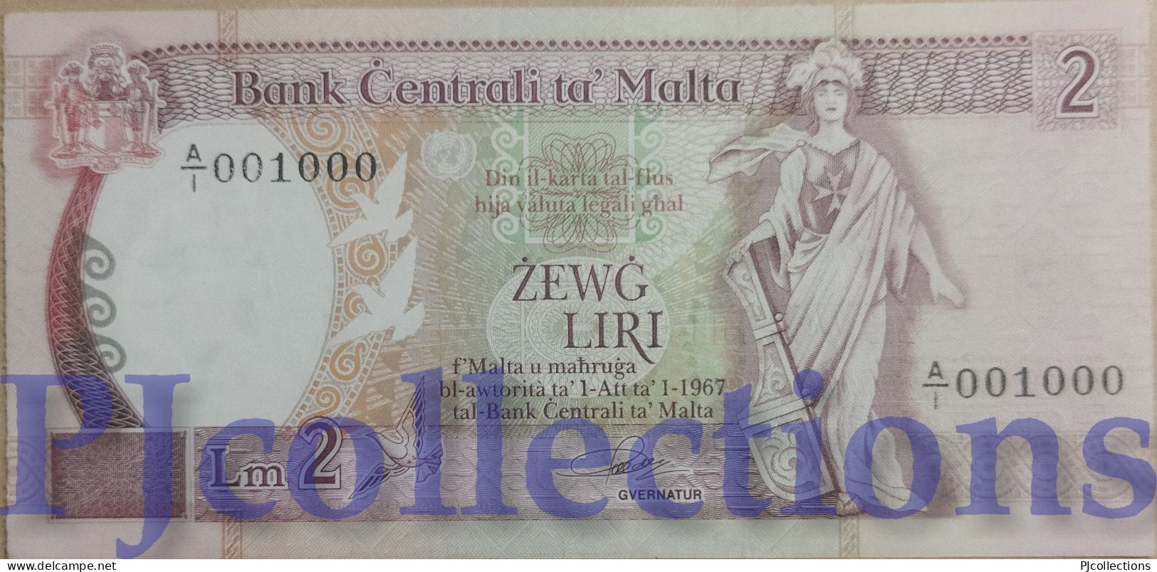 MALTA 2 LIRI 1989 PICK 41 AU/UNC LOW AND GOOD SERIAL NUMBER "A/1 001000" - Malta