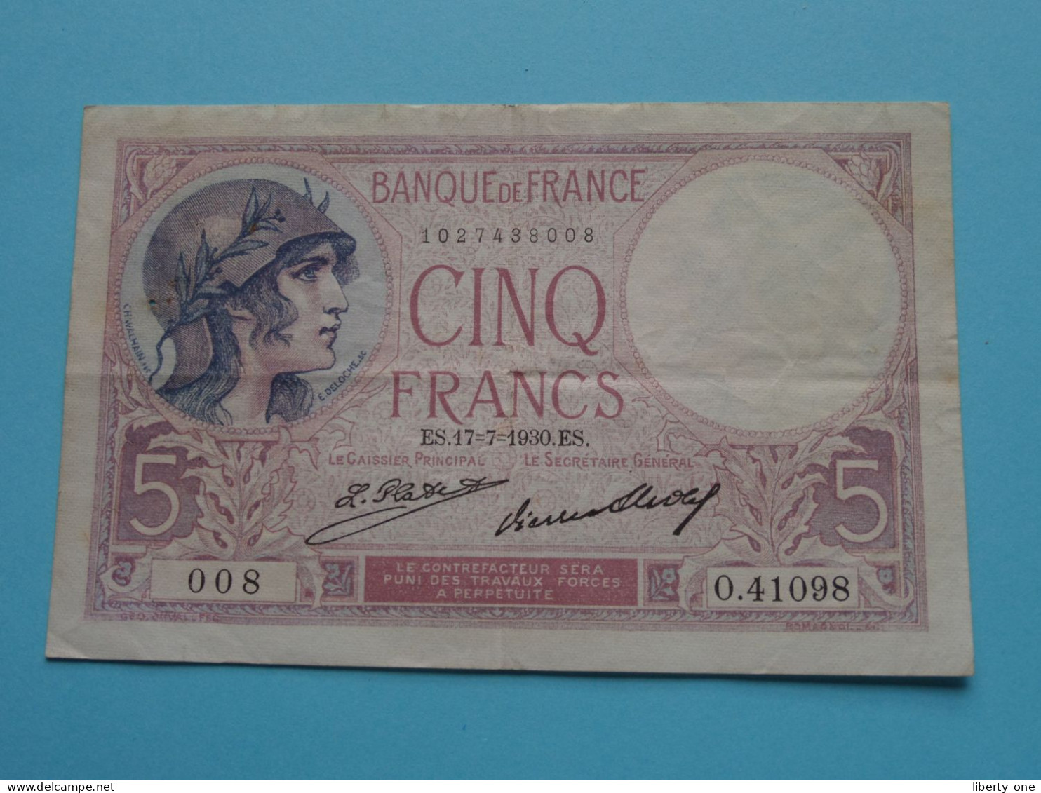 Cinq 5 Francs ( 008 0.41098 / 1027438008 ) ES.17-7-1930.ES. ( For Grade, Voir SCANS ) Circulated VF! - 10 F 1941-1949 ''Mineur''