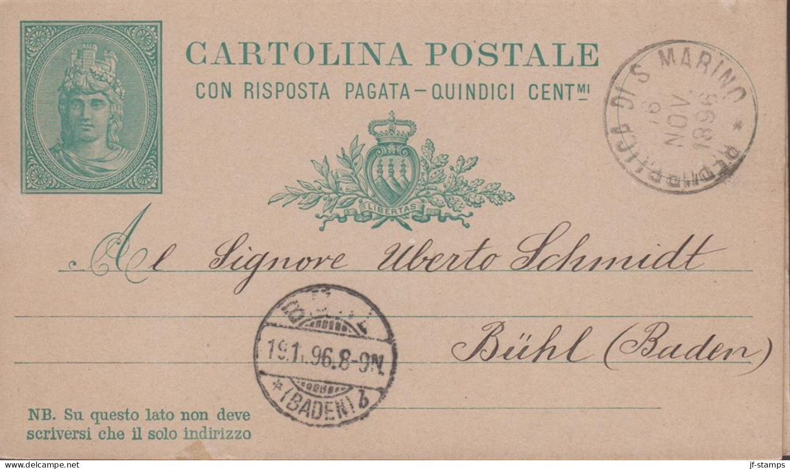 1895. SAN MARINO. QUINDICI CENT-MI. (15/0) CARTOLINA POSTALE RISPOSTA. Fine Double Card To Bühl, Baden Fro... - JF441387 - Entiers Postaux