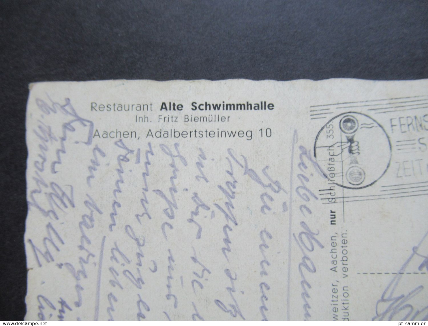 AK 3.Reich 1938 Restauration Alte Schwimmhalle Inh. Fritz Biemüller Aachen, Adalbertsteinweg 10 MS Fernsprecher Spart Ze - Hotels & Gaststätten