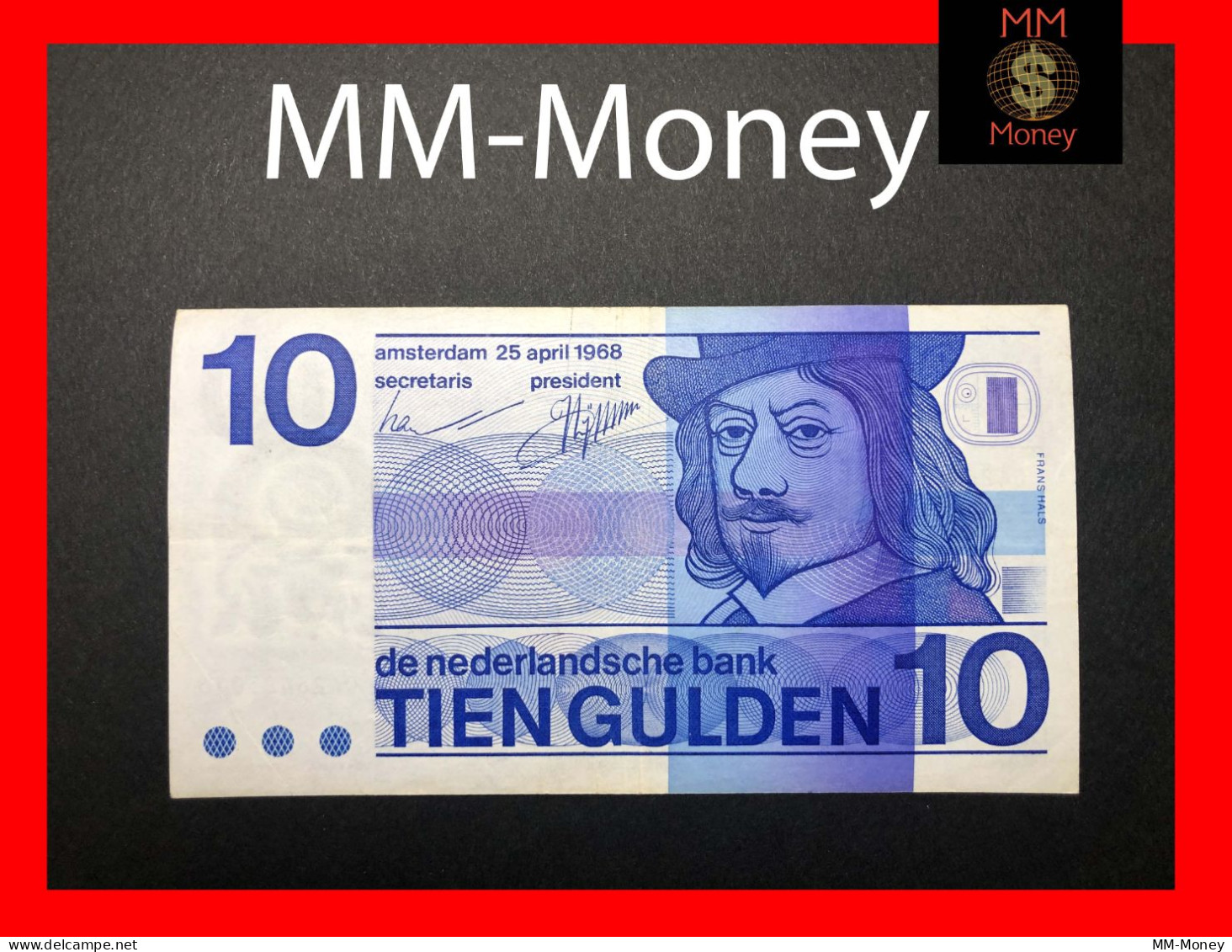 NETHERLANDS 10 Gulden  25.4.1968  P. 91 A  " With O In Bullseye On Back"   ***very Rare***    VF - 10 Florín Holandés (gulden)