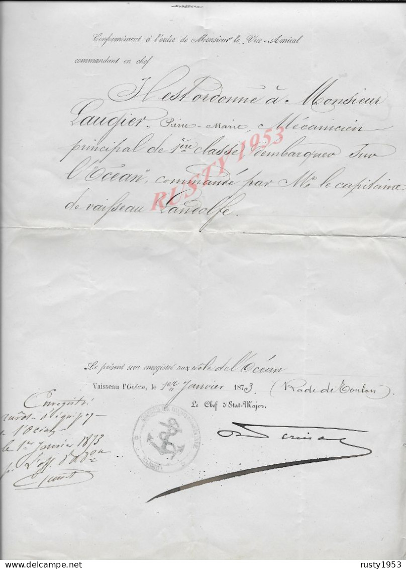 MILITARIA MARINE EMPIRE ESCADRE D ÉVOLUTIONS VICE AMIRAL À Mr LAUGIER MECANICIEN DEMBARQUÉ VAISSEAU L OCÉAN TOULON 1873 - Boats