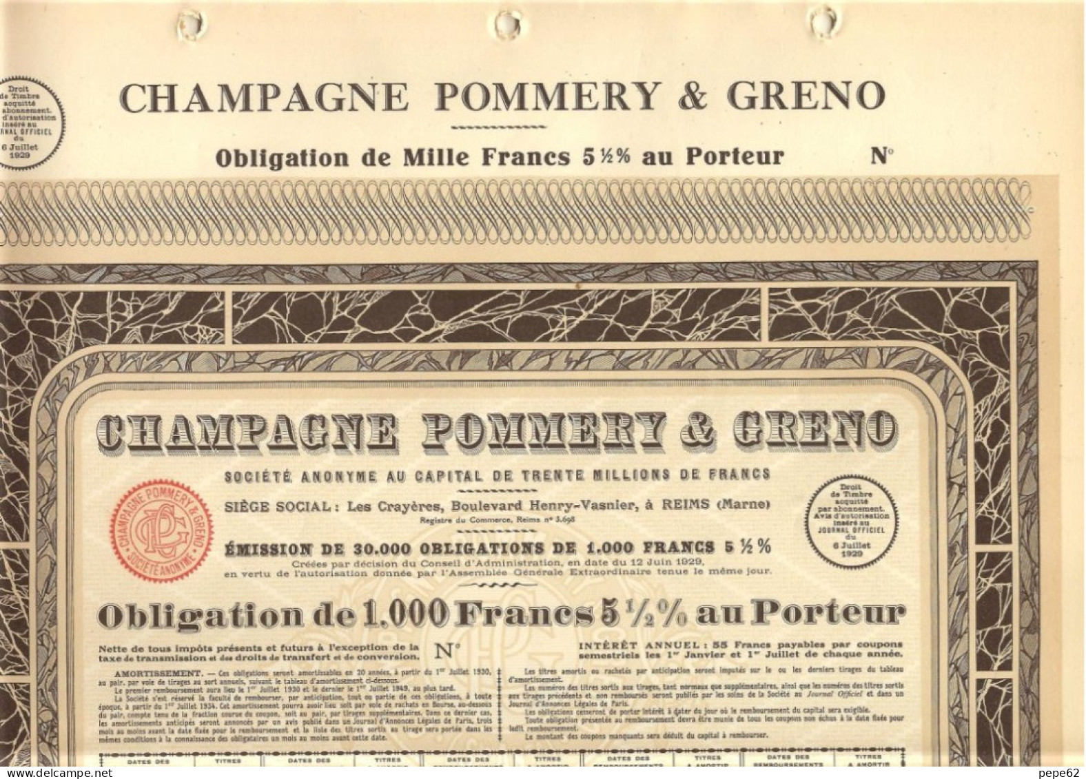 Obligation Champagne  Pommery Et Greno - Obligation De 1000 Francs 1929 - Agricultura