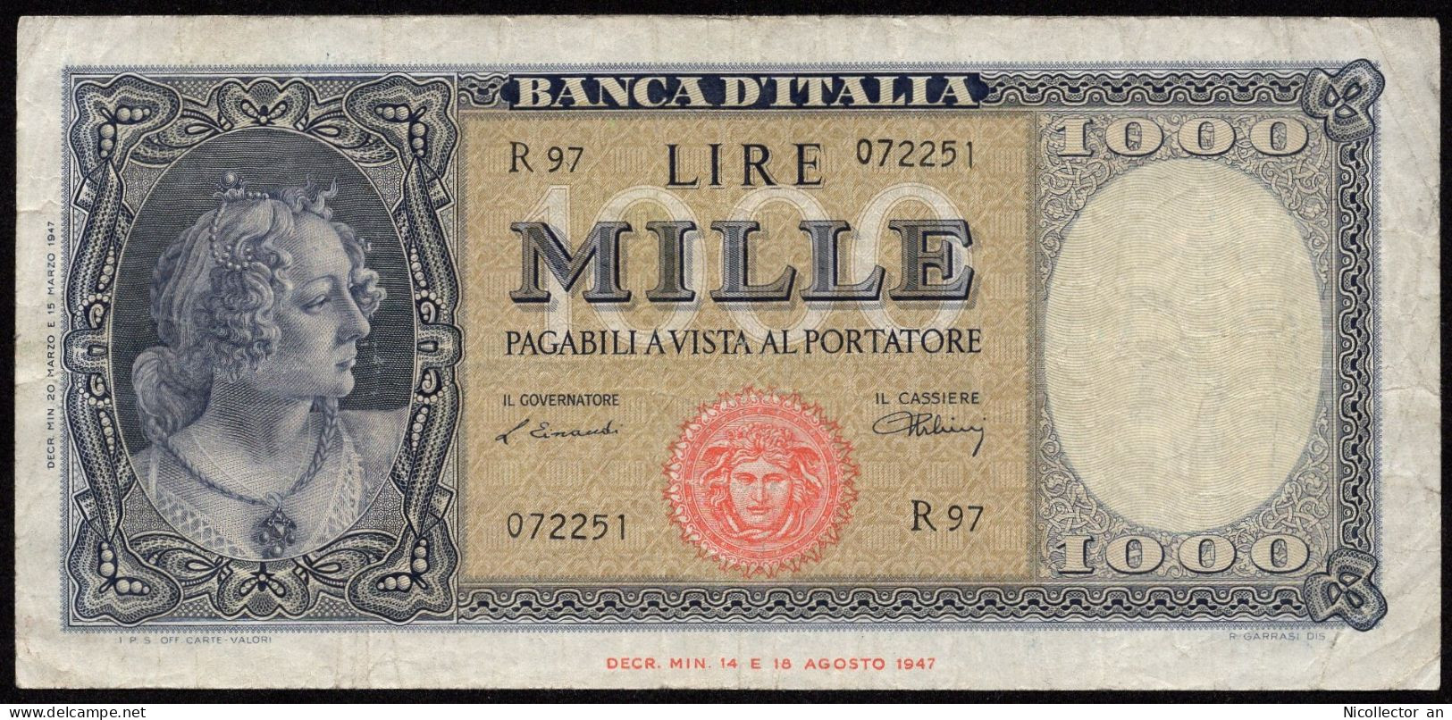 Italy 1000 Lire 1947 VF Banknote - 1000 Lire