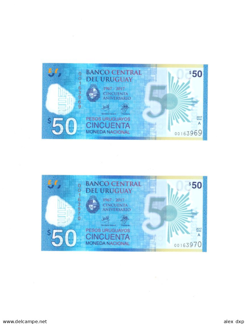 URUGUAY P-100a > 2x 50 PESOS 2017, CONSEQUTIVE SERIAL NUMEBRS,COMMEMORATIVE, UNC, POLYMER - Uruguay