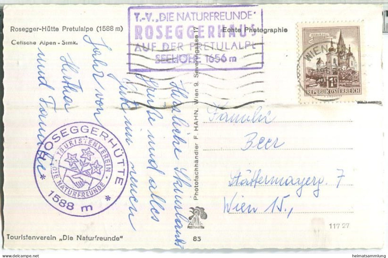 Rosegger-Hütte - Pretulalpe - Foto-Ansichtskarte - Hüttenstempel - Verlag F. Hahn Wien - Krieglach