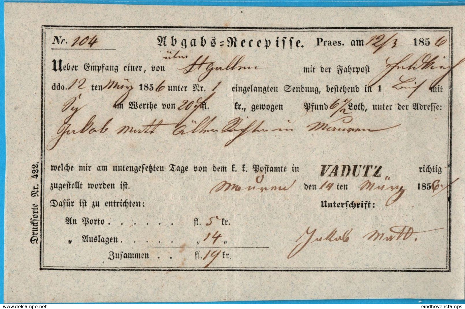 Liechtenstein Vaduz Abgabsrecepisse 1856 12/3, Einzeil Stempel Vadutz, 2105.1601 - ...-1912 Precursores