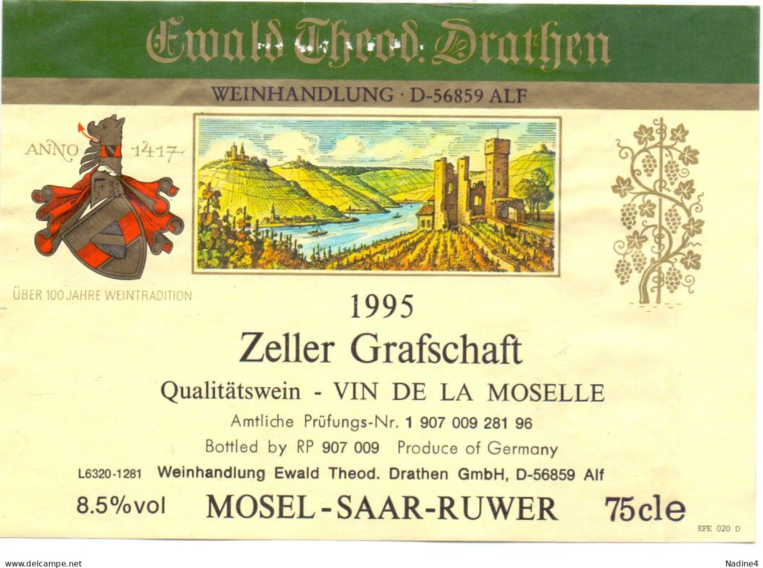 Etiket Etiquette - Vin Wijn - Zeller Grafschaft - Mosel Saar Ruwer - 1995 - Riesling