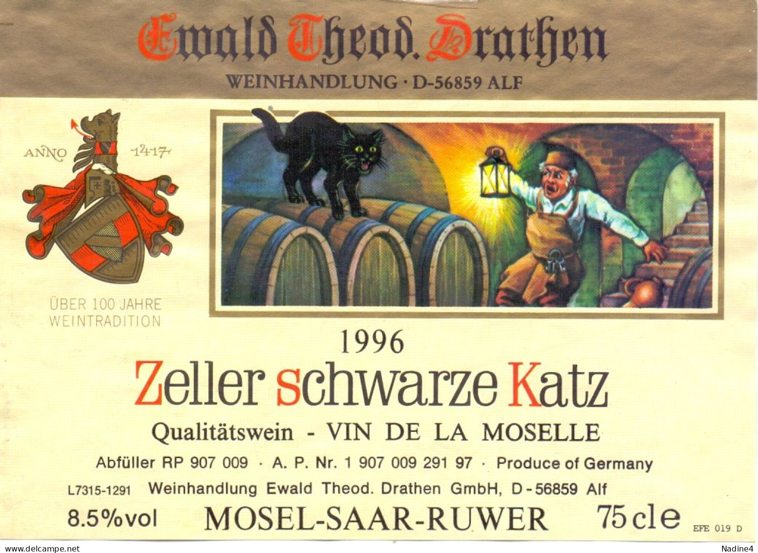 Etiket Etiquette - Vin Wijn - Zeller Schwarze Katz - Mosel Saar Ruwer - 1996 - Riesling