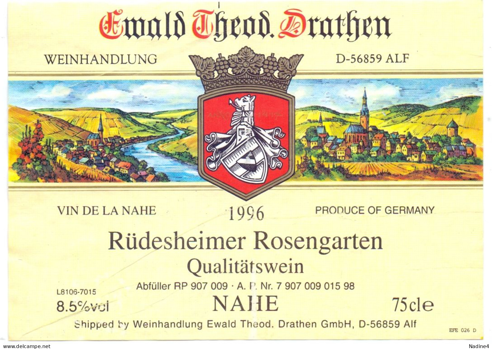 Etiket Etiquette - Vin Wijn - Rüdesheimer Rosengarten - Nahe - 1996 - Riesling