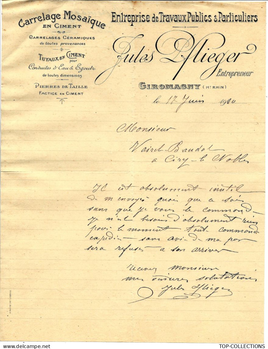 1910 ENTETE Jules Pfieger Giromagny Jura Pour Vairet Baudot Briqueterie Devenue Musée à Ciry Le Noble Saone Et Loire - 1900 – 1949