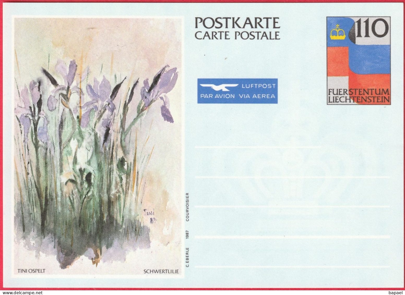 Entier Postal (CP) Du Liechtenstein (1987) - Par Avion - Schwertlilie (Iris) De Tini Ospelt - Enteros Postales