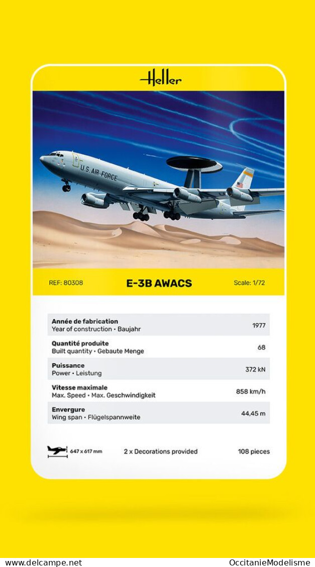 Heller - E-3B AWACS US Air Force Maquette Kit Plastique Réf. 80308 NBO Neuf 1/72 - Vliegtuigen