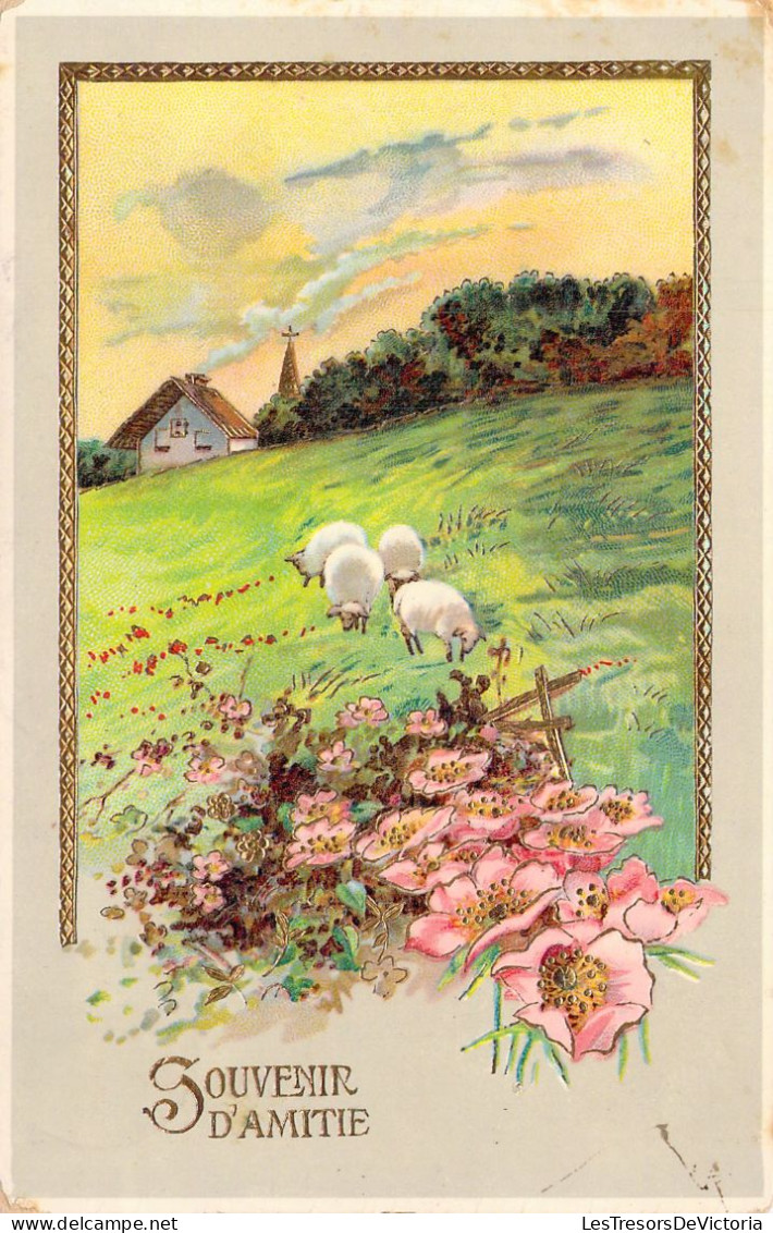 FLEURS - Illustration Non Signée - Fleurs Roses Et Moutons En Pâture - Carte Postale Ancienne - Fleurs