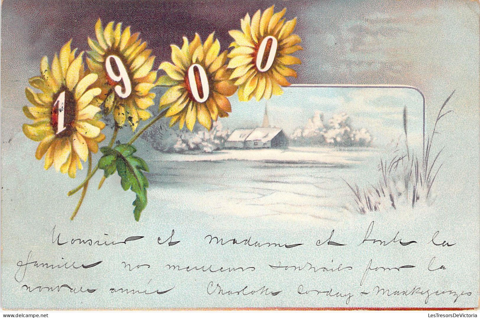 FLEURS - Illustration Non Signée - Tournesol - 1900 - Village Enneigé - Carte Postale Ancienne - Blumen