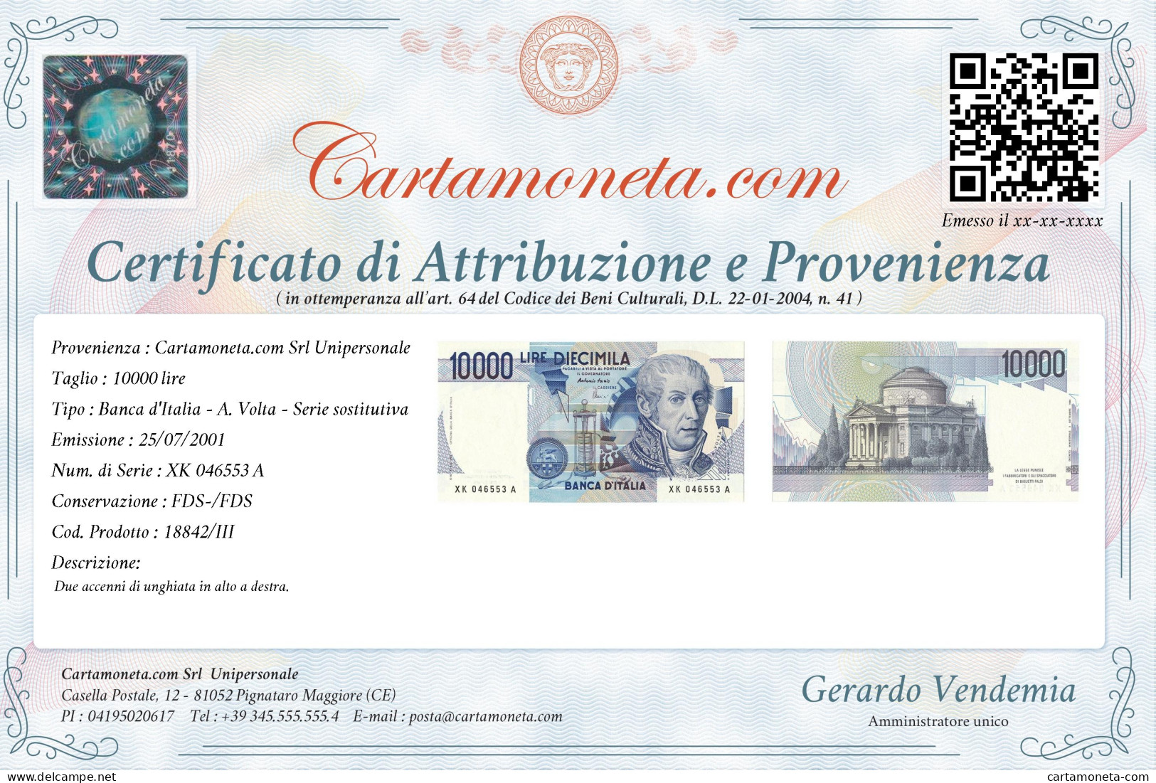 10000 LIRE B. D'ITALIA ALESSANDRO VOLTA SERIE SOSTITUTIVA XK 25/07/2001 FDS-/FDS - Altri & Non Classificati