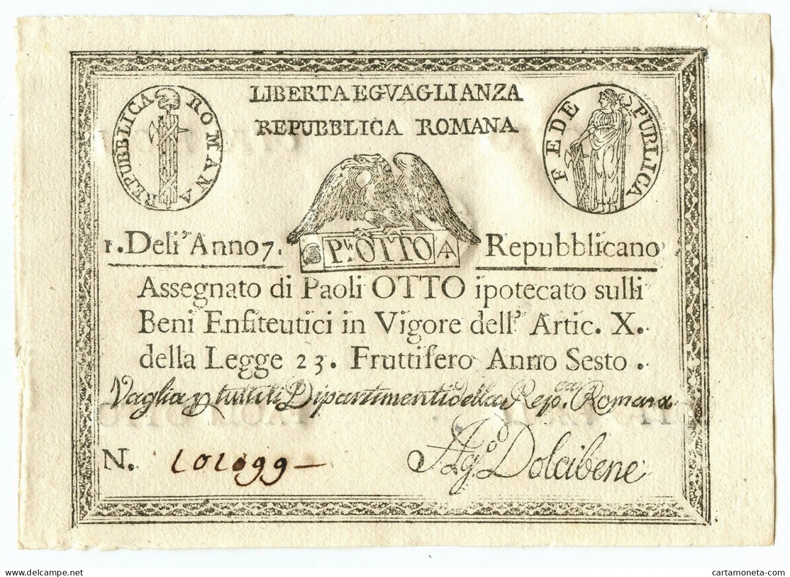 8 PAOLI ASSEGNATO REPUBBLICA ROMANA STATO PONTIFICIO DAL 09/09/1798 QFDS - Otros & Sin Clasificación