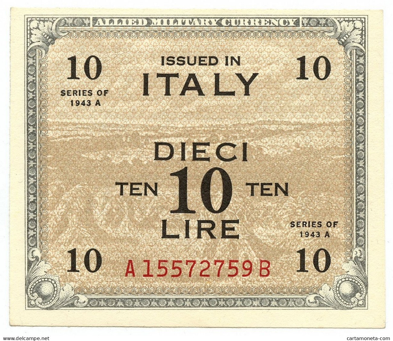 10 LIRE OCCUPAZIONE AMERICANA IN ITALIA BILINGUE FLC A-B 1943 A QFDS - Occupazione Alleata Seconda Guerra Mondiale