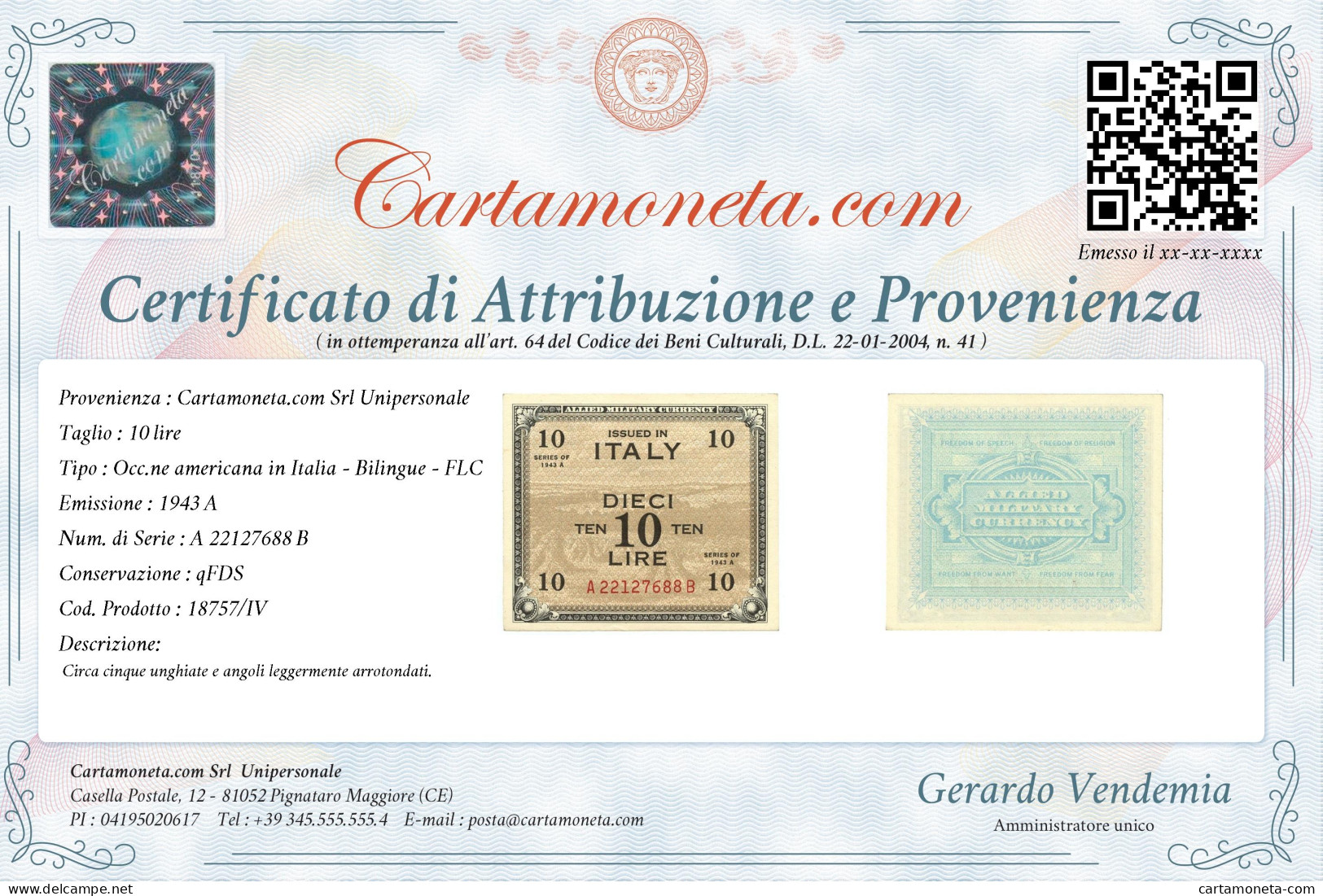 10 LIRE OCCUPAZIONE AMERICANA IN ITALIA BILINGUE FLC A-B 1943 A QFDS - Occupazione Alleata Seconda Guerra Mondiale