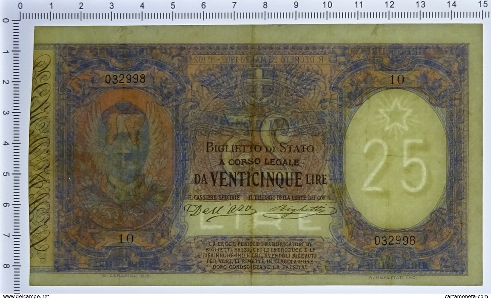 25 LIRE BIGLIETTO DI STATO EFFIGE VITTORIO EMANUELE III 23/03/1902 BB/SPL - Regno D'Italia - Altri