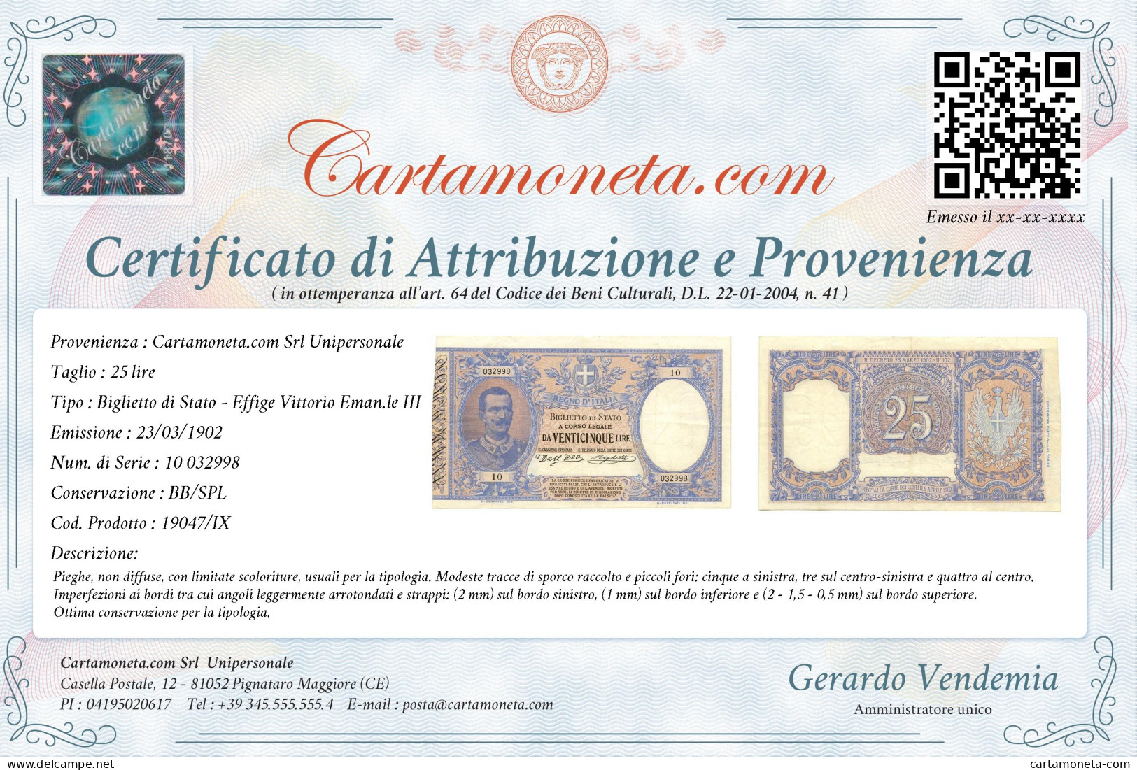 25 LIRE BIGLIETTO DI STATO EFFIGE VITTORIO EMANUELE III 23/03/1902 BB/SPL - Regno D'Italia – Other