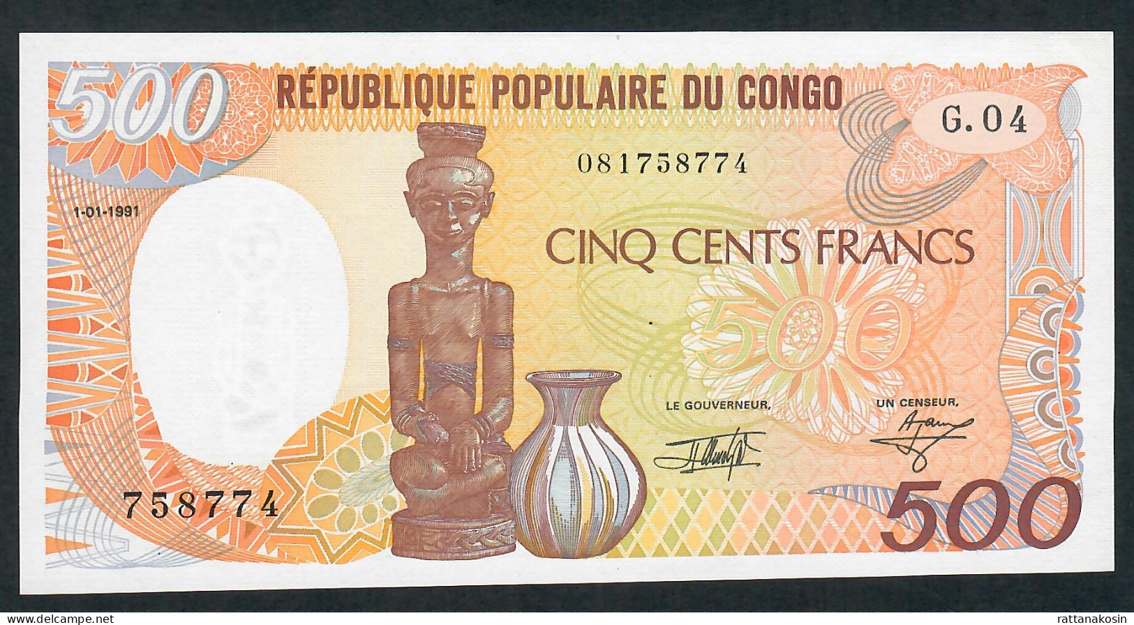 CONGO  P8d 500 FRANCS 1.1.1991  UNC. - Republiek Congo (Congo-Brazzaville)