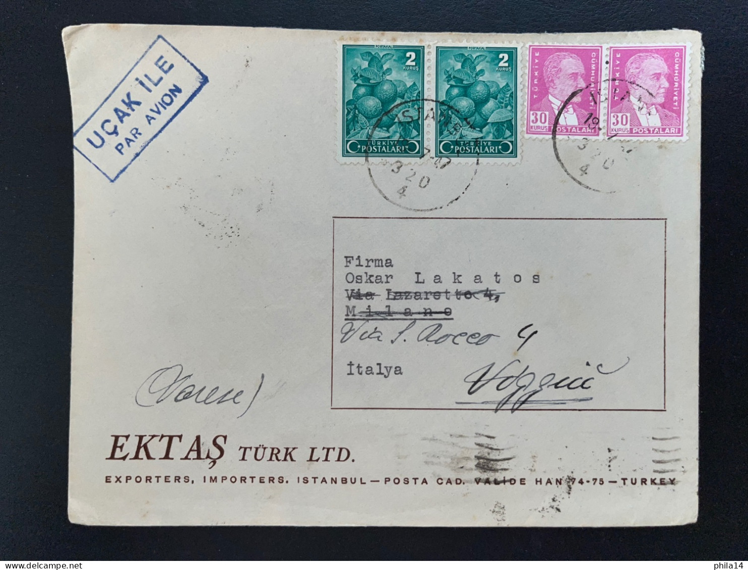ENVELOPPE ISTAMBUL TURQUIE POUR MILAN ITALIE1947 - Cartas & Documentos