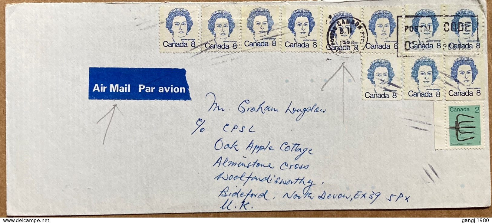 CANADA 1988, COVER USED TO ENGLAND, MULTI 12 STAMP, QUEEN & FISHING SPEAR, POST CODE, MACHINE SLOGAN CANCEL. - Brieven En Documenten