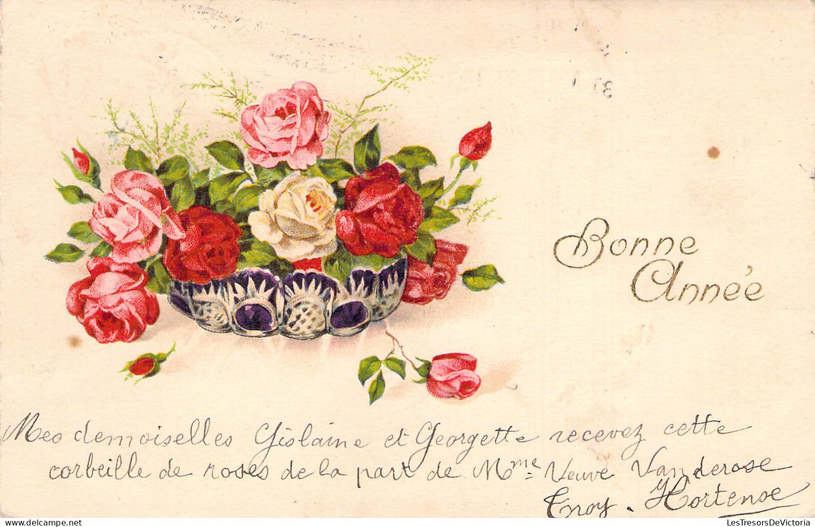 FLEURS - Illustration Non Signée - Roses - Bonne Année - Carte Postale Ancienne - Flowers