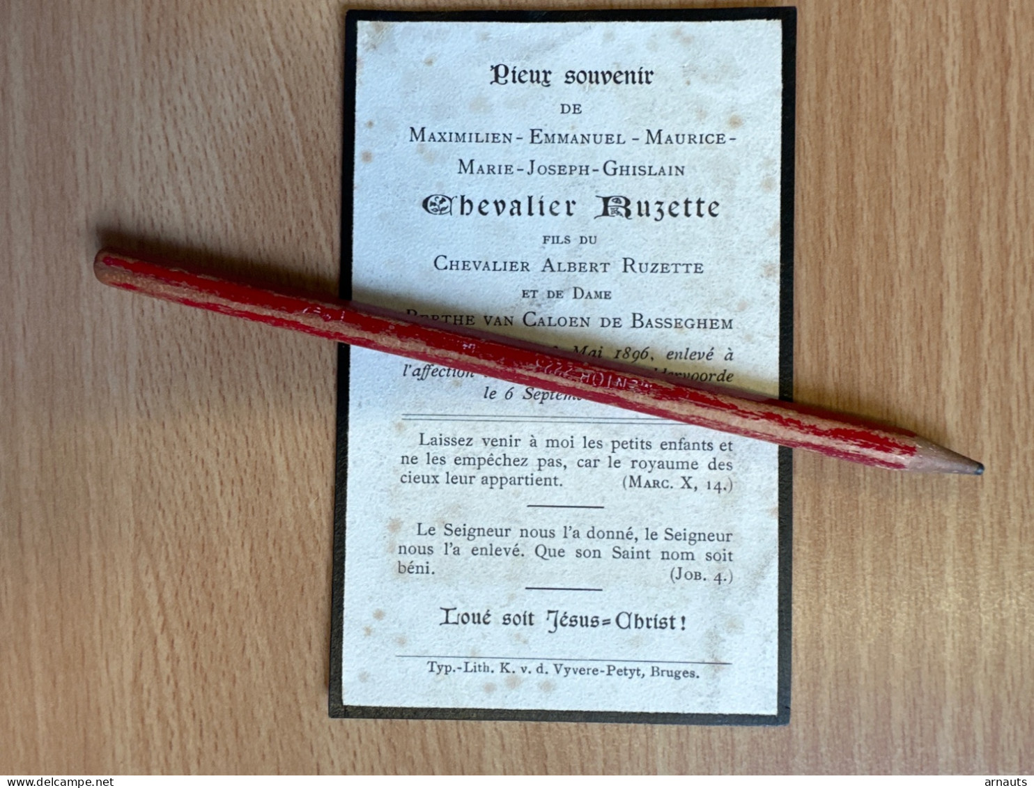 Maximilien Em. Chevalier Ruzette Fils Chevalier Albert & Van Caloen De Basseghem *1896 Bruges +1897 Ruddervoorde Brugge - Overlijden