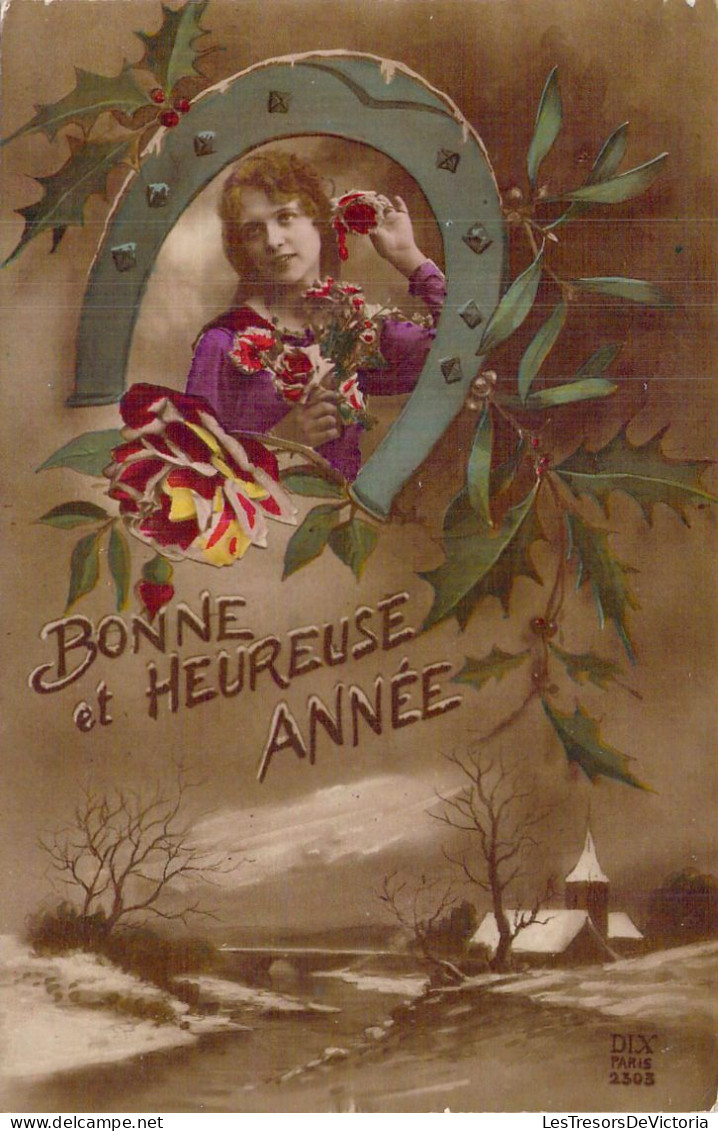 FLEURS - Illustration Non Signée - Roses - Fer à Cheval Et Femme - Bonne Année - Carte Postale Ancienne - Flowers