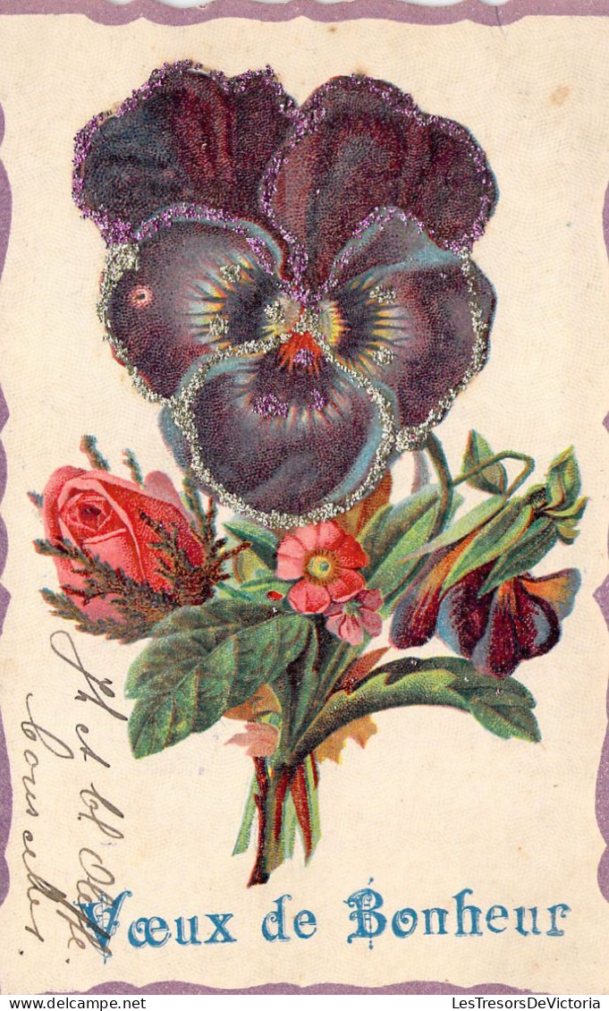 FLEURS - Pensées - Voeux De Bonheur - Carte Postale Ancienne - Blumen