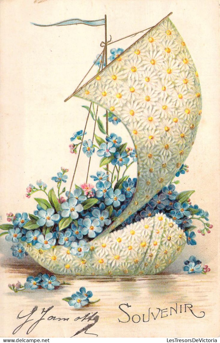 FLEURS - Myosotis Et Marguerites - Forme De Bateau - Souvenir - Carte Postale Ancienne - Flowers