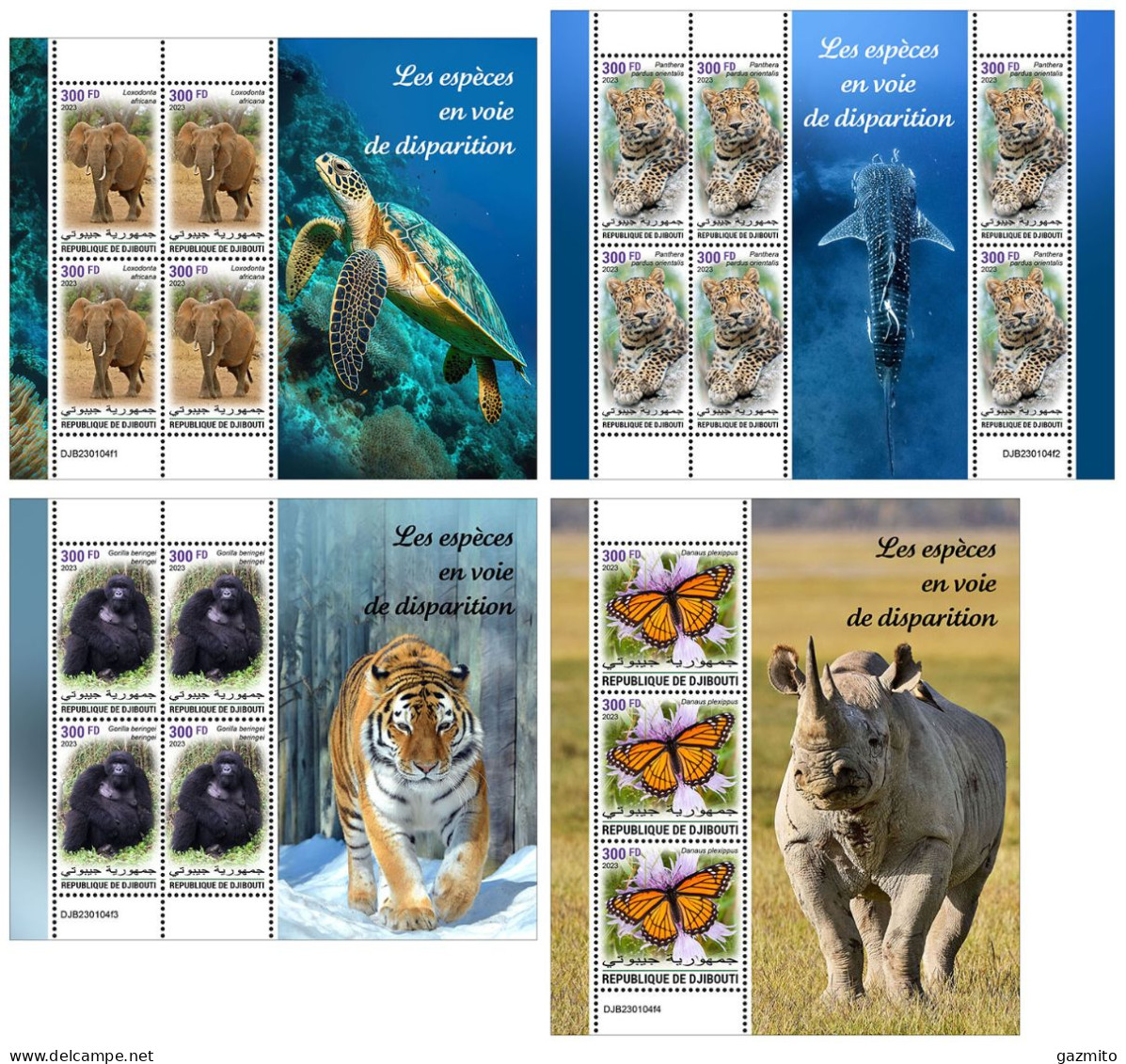 Djibouti 2023, Animals In Danger, Elephant, Gorilla, Butterfly, Leopard, 4val Sheetlets - Gorilla's