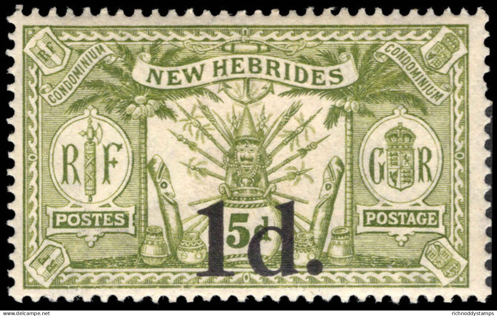 New Hebrides 1920-21 1d On 5d Sage-green Lightly Mounted Mint. - Unused Stamps
