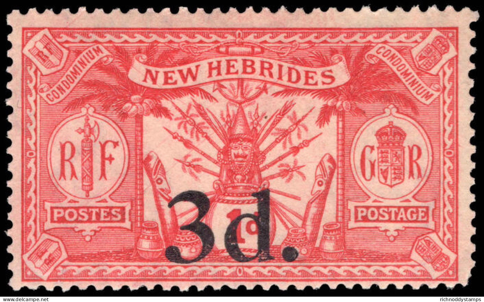 New Hebrides 1924 3d On 1d Red Lightly Mounted Mint. - Unused Stamps