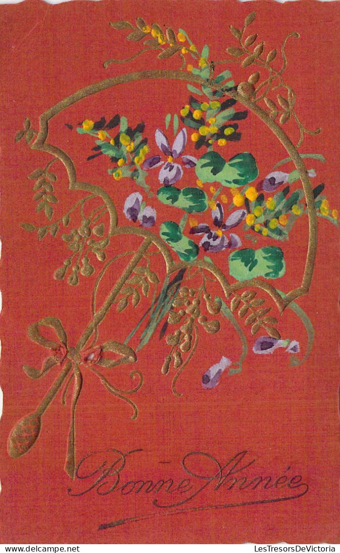 FLEURS - Fleurs Violettes Et Parapluie - Bonne Année - Illustration Non Signée - Carte Postale Ancienne - Fleurs