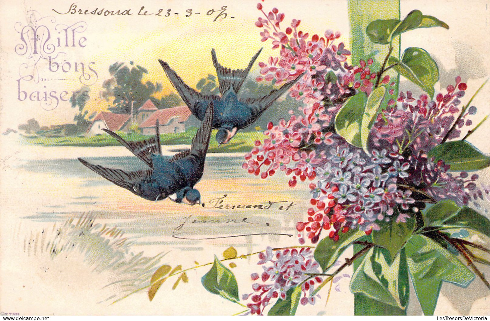 FLEURS - Mille Bons Baisers - Hirondelles - Lilas - Illustration Non Signée - Carte Postale Ancienne - Blumen