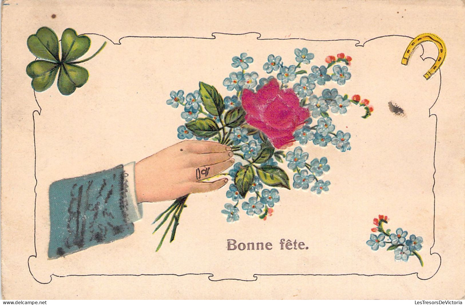 FLEURS - Bonne Fête - Myosotis Et Rose - Illustration Non Signée - Carte Postale Ancienne - Blumen