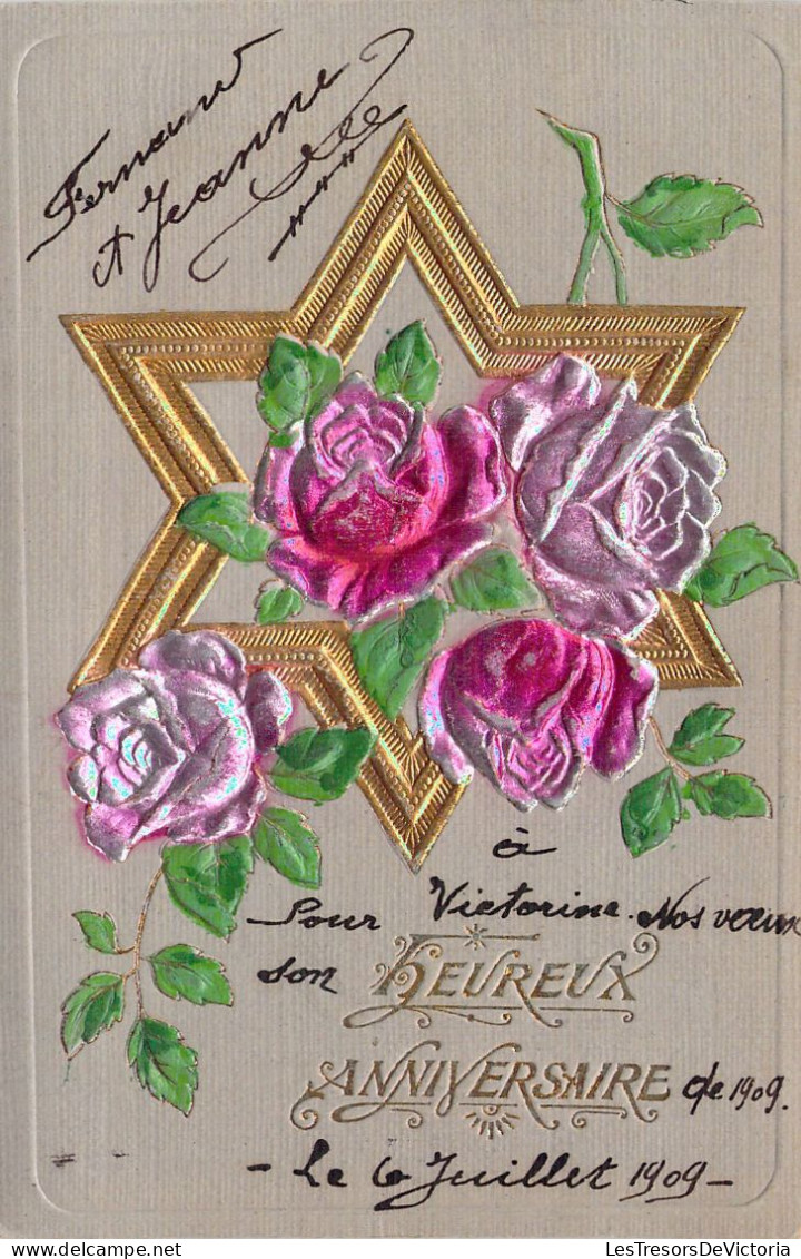 FLEURS - Heureux Anniversaire - Etoile -  Rose - Illustration Non Signée - Carte Postale Ancienne - Fleurs