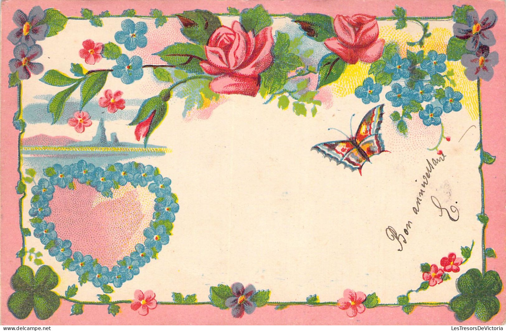FLEURS -  Rose - Papillon - Trèfle - Cadre Fleuri - Illustration Non Signée - Carte Postale Ancienne - Fleurs