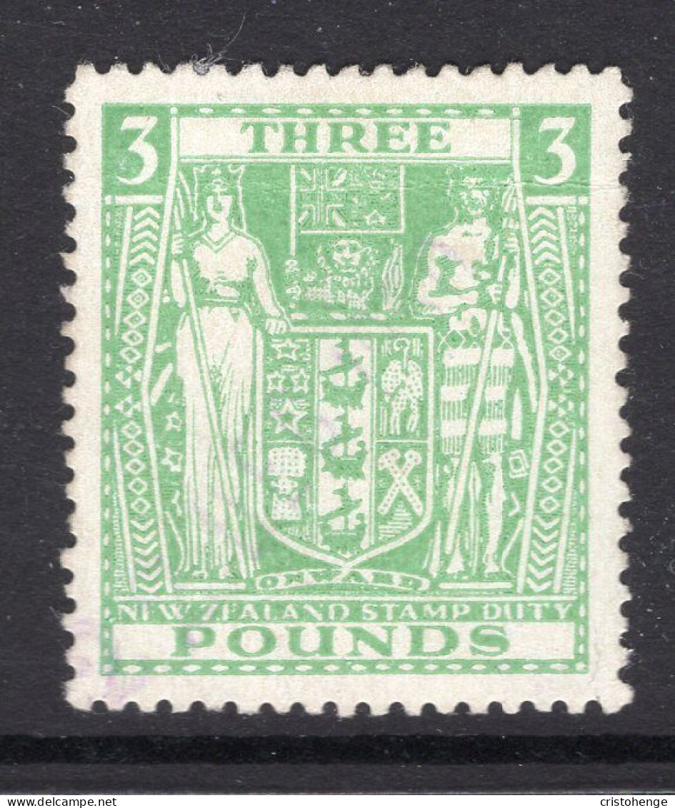New Zealand 1940-58 Arms Type Fiscal Revenue - Mult. Wmk. - £3 Green Used (SG F208) - Light Crease - Postal Fiscal Stamps