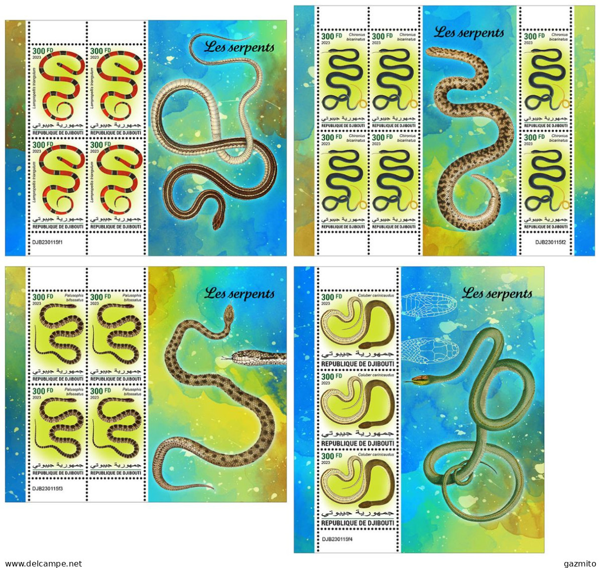 Djibouti 2023, Animals, Snakes, 4val Sheetlets - Serpents