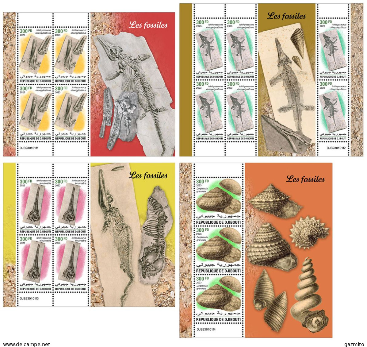 Djibouti 2023, Shells And Fossils, 4val Sheetlets - Fossiles