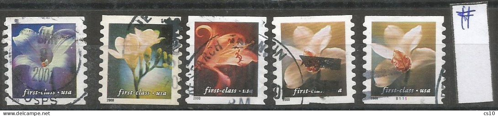 USA 2000 Flowers Lilies From Coil P.8.5  - SC. # 3462/65   - Cpl 4v Set + Coil # Piece In VFU Condition !!!! - Ruedecillas (Números De Placas)